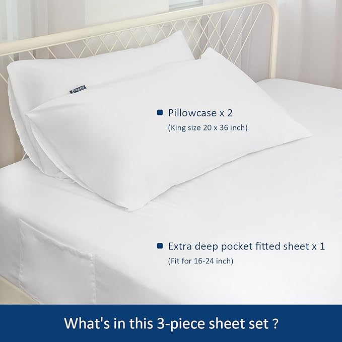 Moonsea Extra Deep Pocket Air Mattress King Sheet Set - 3Pcs Side Storage Pocket Fitted Sheet & Pillowcase King Size Deep Pocket Sheet Set Easily Fits 16in to 24in Pillow Top Air Bed Mattress-White