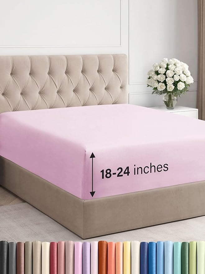 Extra Deep Full Fitted Sheet - Hotel Luxury Single Fitted Sheet Only - Easily Fits 18 inch to 24 inch Mattress - Ultra Soft, Wrinkle & Fade Free w/Extra Deep Pockets - Breathable & Comfy - Light Pink