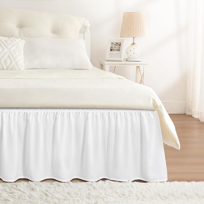 RIMELA Bed Skirt King Size Moon White 15 Inch Drop, Wrap Around Elastic Bedskirt, Dust Ruffle for Adjustable Bed Base Soft Durable Fabric Machine Washable Easy to Install Bed Skirts