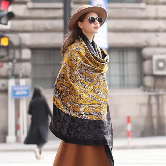 DANA XU 100% Merino Wool Extra Large Pashmina Blanket Travel Scarf Cashmere Wrap for Women Fall Winter Oversize Shawl Floral
