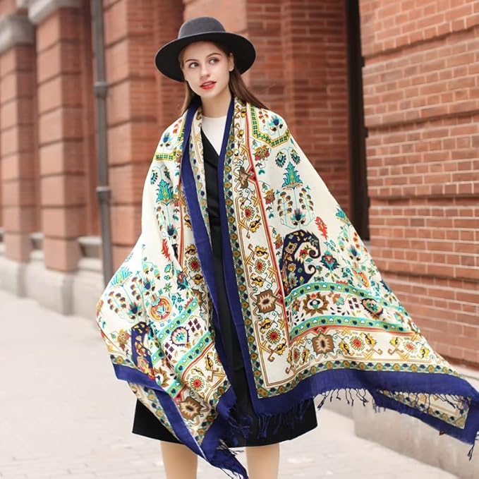 DANA XU 100% Merino Wool Pashmina Shawl for Women 96"x43", Oversized Cashmere Wrap with Tassels, Floral Travel Blanket Cape