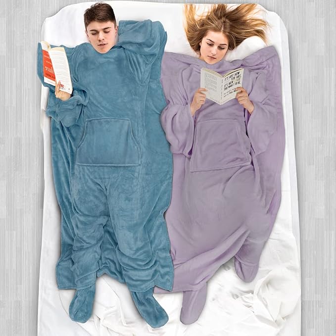 PAVILIA Fleece Blanket with Sleeves, Foot Pockets for Women Men Adults, Plush Wearable Blanket Throw Wrap, Warm Snuggle Blanket Robe, Cozy Gift Ideas Wife Mom, Dusty Blue