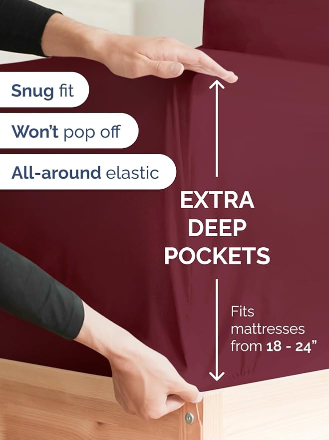 Extra Deep King Fitted Sheet - Hotel Luxury Single Fitted Sheet Only - Easily Fits 18 inch to 24 inch Mattress - Ultra Soft, Wrinkle & Fade Free w/Extra Deep Pockets - Breathable & Comfy - Burgundy
