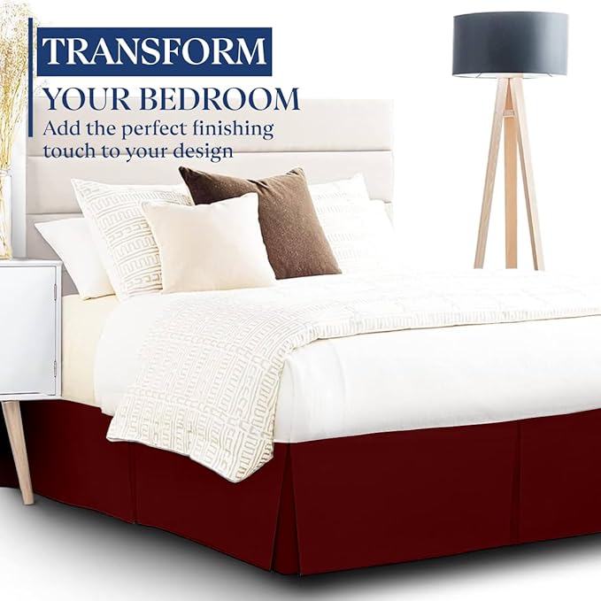 SKY BEDDINGS Luxury Pleated Queen Bed Skirt with Split Corners - 12 Inch Tailored Drop - Pleated Dust Ruffle - Wrinkle-Free 100% Microfiber - Easy Fit, Soft & Durable - Burgundy