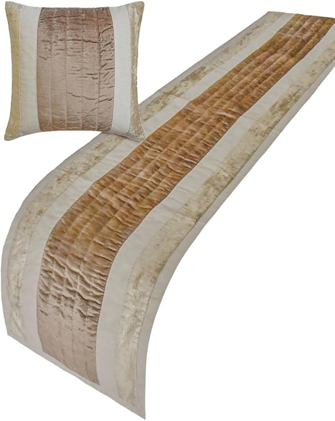 The HomeCentric King/Queen/Twin Beige Luxury Queen 74"x18" Bed Runner with One Pillow Cover, Velvet & Patchwork Bed Scarf on Velvet Fabric - Luxe Velvet Lines