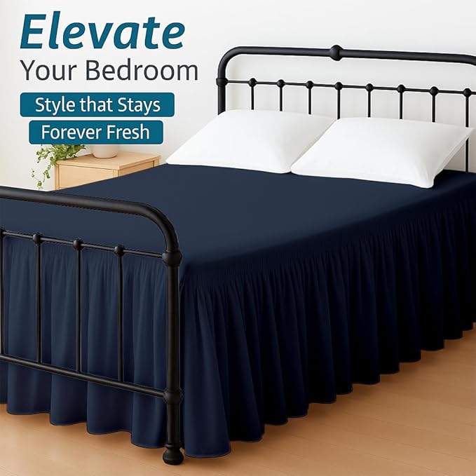 Shreem Linen Ruffled Bed Skirt with Split Corners, Gathered Style, 100% Microfiber, 12-Inch Drop, Dust Ruffle Bedskirt with Platform, Twin-XL, Navy Blue