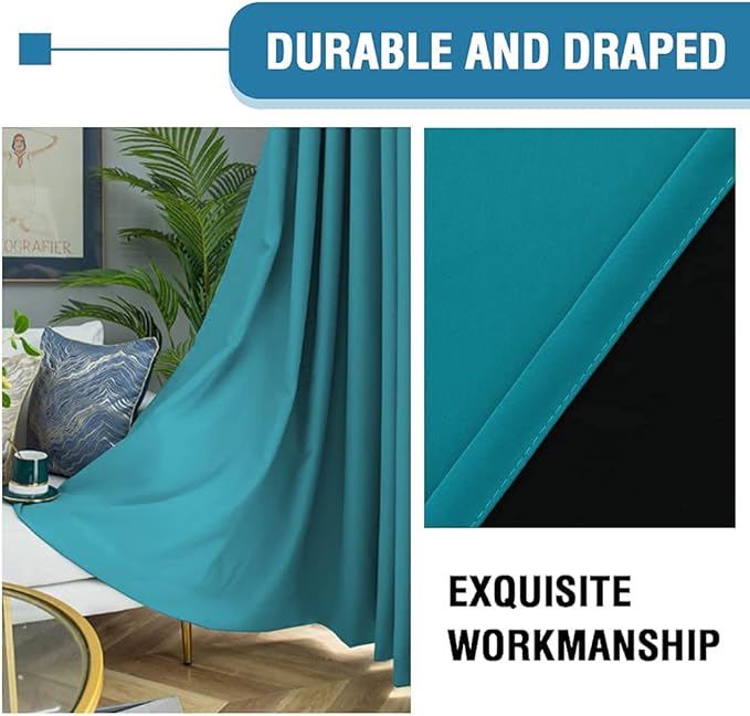 H.VERSAILTEX 100% Blackout Curtains for Bedroom Thermal Insulated Blackout Curtains 63 inch Length Heat and Full Light Blocking Curtains for Living Room with Black Liner 2 Panels, Turquoise Blue