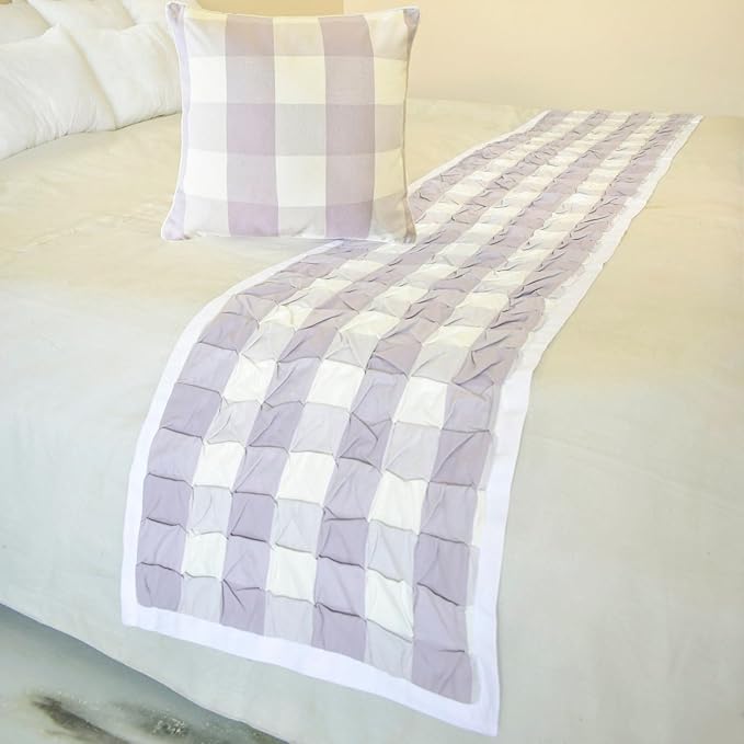 The HomeCentric King/Queen/Twin Lavender Decorative Bed Runner Queen 74"x18" Bed Runner Without Pillow Cover, Checkered, Buffalo Plaid, Check Bed Scarf on Cotton Fabric - Lavender Plaid Knots