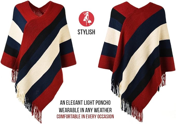 Ferand Women's Striped Poncho Sweater Cozy Knit Fringe Shawl Wraps for Fall Winter