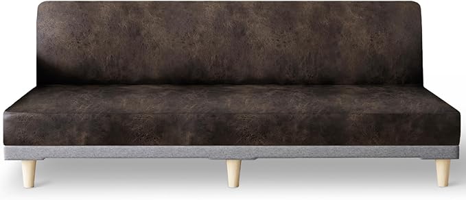 molasofa Leather Like Stretch Futon Slipcover Armless Futon Bed Sofa Cover Furniture Protector with Elastic Bottom, Soft and Washable Futon Cover for Sofa Bed Stay in Place（X Larger，Dark Brown）