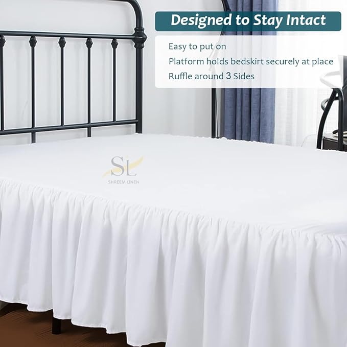 Shreem Linen Ruffled Bed Skirt with Split Corners, Gathered Style, 100% Microfiber, 15-Inch Drop, Dust Ruffle Bedskirt with Platform, Twin, White