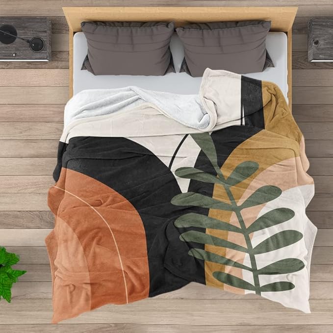 Boho Mid Century Blankets Black Geometric Throws Beige Abstract Modern Throw Blanket Minimalist Sun Soft Warm Bed Bedding Blankets for Couch Bedroom Sofa Office Cozy Flannel Blanket 70"X80"