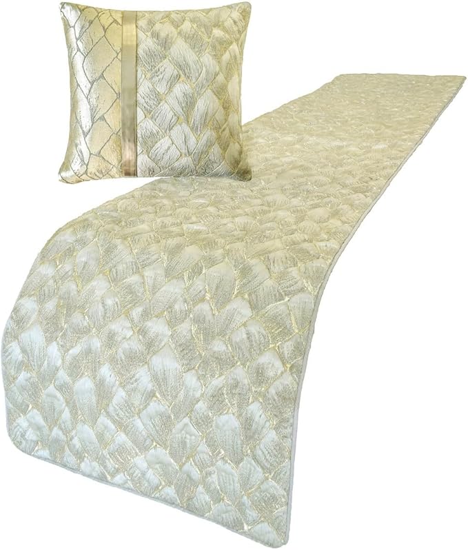 The HomeCentric King/Queen/Twin Ivory & Gold Designer Twin 53"x18" Bed Runner with 2 Pillow Cover, Patchwork, Quilted, Jacquard Foil Bed Scarf on Jacquard Fabric - Spinzar