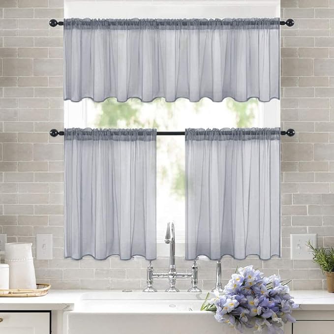 MIULEE 2 Panels Kitchen Tiers Half Window Sheer Curtains Rod Pocket Translucent Voile Drapes for Kitchen Bathroom Small Windows 29 by 24 Inch Dark Grey