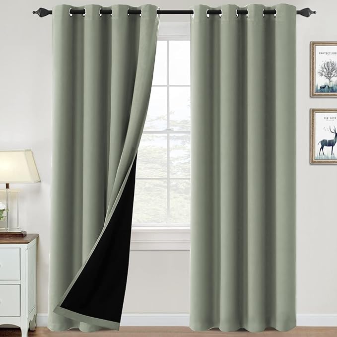 H.VERSAILTEX 100% Blackout Curtains for Bedroom Thermal Insulated Blackout Curtains 84 inch Length Heat and Full Light Blocking Curtains for Living Room with Black Liner 2 Panels Set, Light Sage