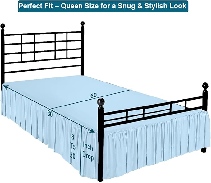 Shreem Linen Ruffled Bed Skirt with Split Corners, Gathered Style, 100% Microfiber, 8-Inch Drop, Dust Ruffle Bedskirt with Platform, Queen, Light Blue