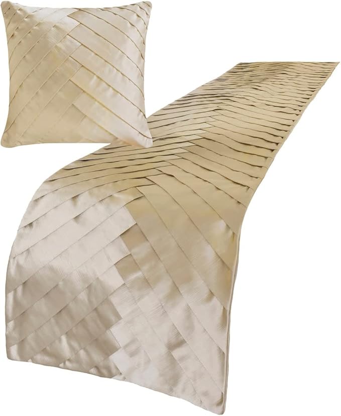 The HomeCentric King/Queen/Twin Ivory Designer Queen 74"x18" Bed Runner with 2 Pillow Cover, Pintucks, Textured & Satin Bed Scarf on Satin Fabric - Glazed Satin