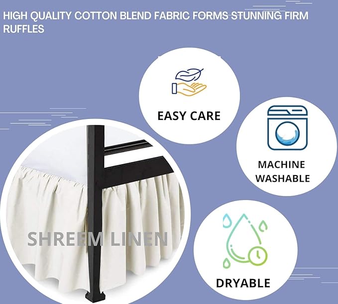 Shreem Linen Ruffled Bed Skirt with Split Corners, Gathered Style, 100% Microfiber, 8-Inch Drop, Dust Ruffle Bedskirt with Platform, Twin-XXL, Ivory