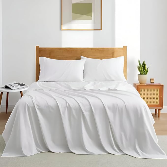 Queen Sheet Set - Luxury 338 Thread Count Sateen, 100% Egyptian Cotton Deep Pocket Queen Sheets with All Around Elastic for a, Hotel Quality Bedding Set (White Solid)