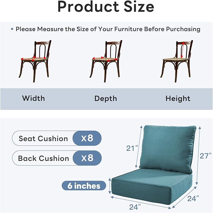 6" Thicker Outdoor Chair Cushion 8 Sets - 24" *24" *6" Waterproof Patio Furniture Cushions with Removable Cover, 28D High Density Sponge Filling Thicken Outdoor Patio Cushions - Peacock Blue