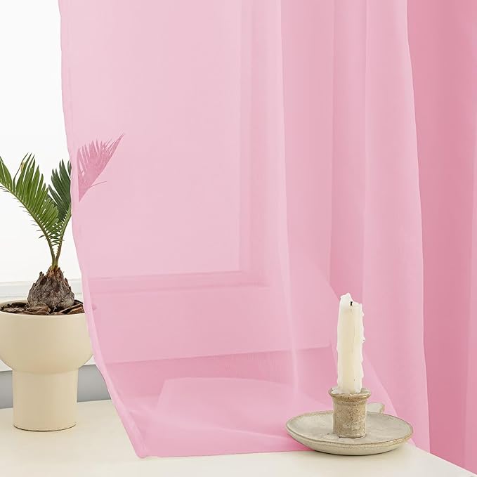 Sheer Curtains 45 Inches Long 2 Panels, Rod Pocket Short Curtain for Kitchen, Bedroom, Cafe Window(Pink 38" W x 45" L)