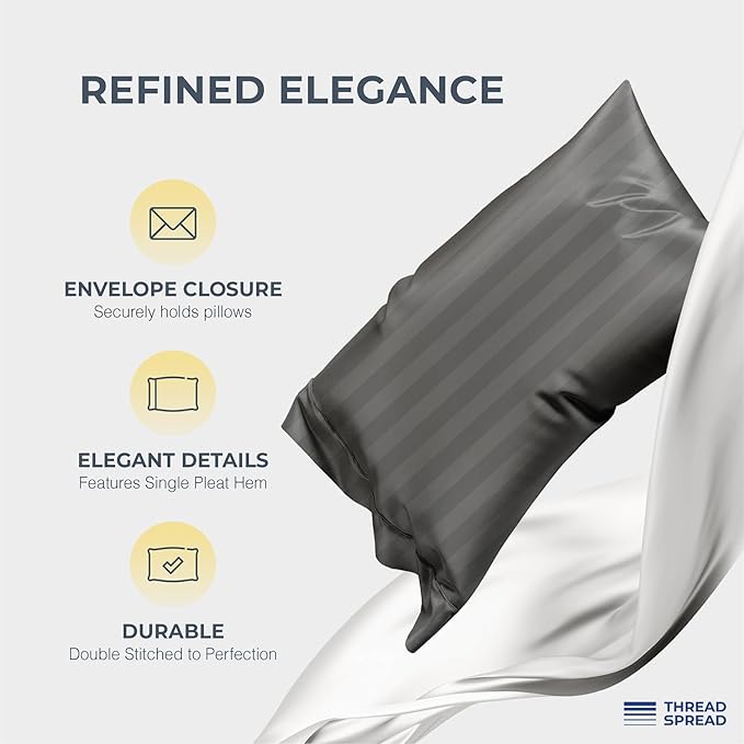 THREAD SPREAD Egyptian Cotton Sheets King Size - 1500 Thread Count 4 PC Damask Sheet Set Egyptian Cotton, Luxury Sheet King Size, Soft, Cooling Deep Pocket Sheets, Fits Upto 19" - Dark Grey Stripe