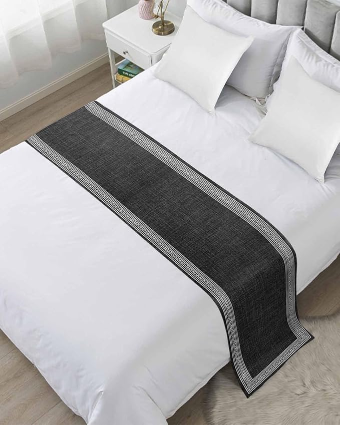 Greece Key Design Black White Bed Runners for Bedroom Hotel,Decorative Bedding Scarf Vintage Burlap Linen Bed End Blanket Bedding Runner Scarves for King Size Bed,102x20in