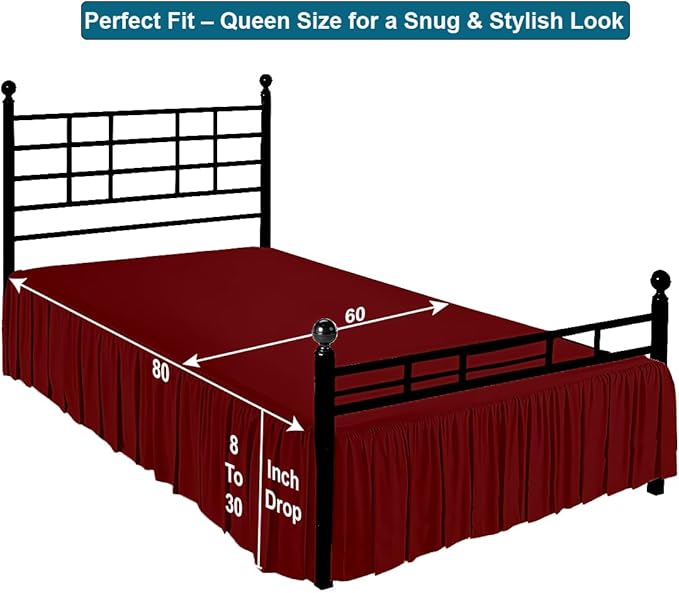 Shreem Linen Ruffled Bed Skirt with Split Corners, Gathered Style, 100% Microfiber, 21-Inch Drop, Dust Ruffle Bedskirt with Platform, Queen, Burgundy