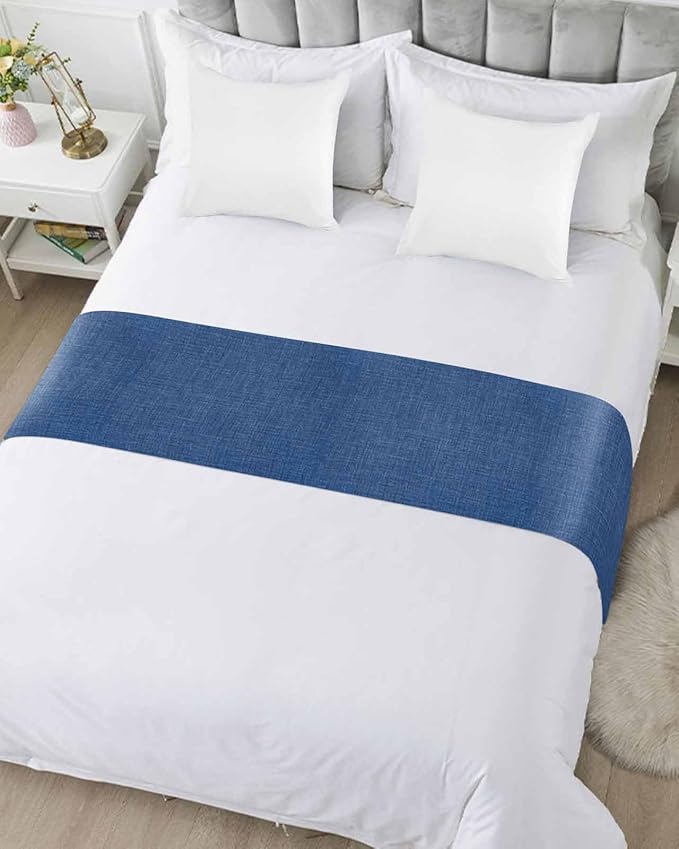 Retro Farm Linen Flax Bed Runners for Bedroom Hotel,Decorative Bedding Scarf Blue Solid Color Ocean Bed End Blanket Bedding Runner Scarves for Twin Size Bed,71x20in