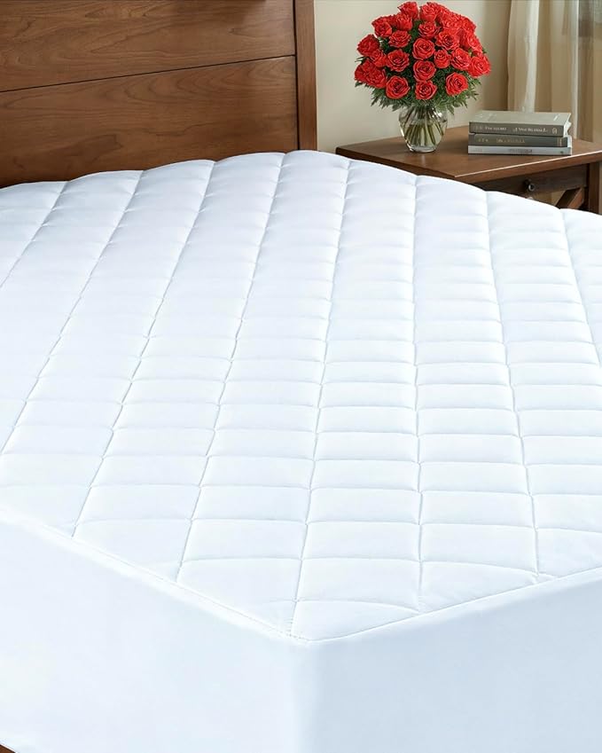 Quilted Fitted Mattress Pad Cal King Size - Elastic Fitted Mattress Topper Protector & Cover - Breathable, Soft, Low Profile Top Cover with 8-16 Inch Deep Pockets - Easy-Fit & Machine Washable - White