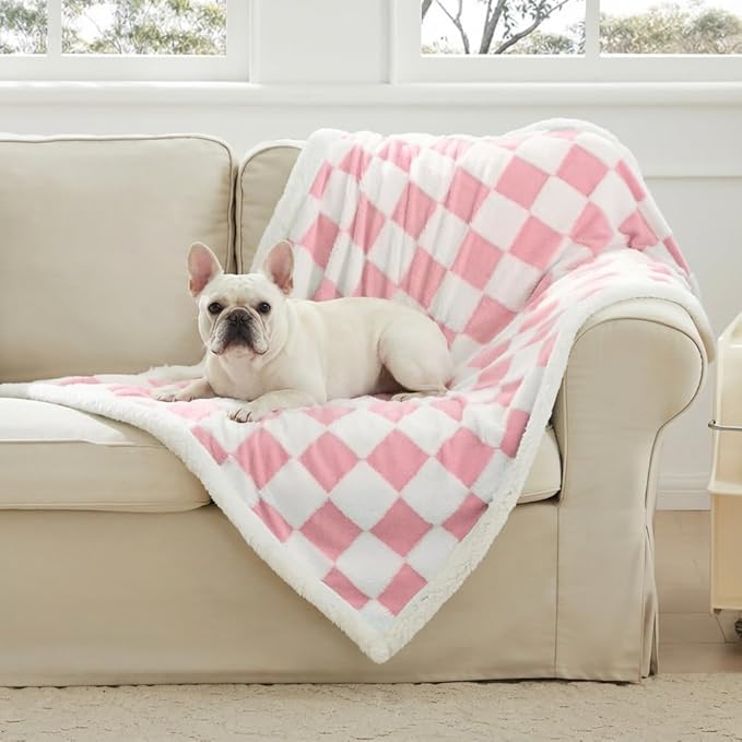 Checkered Dog Blanket, Pink Jacquard Sherpa Blankets for Small Dog and Cats, Cute Girly Women Aesthetic Style Fluffy Fleece Pets Blanket for Couch Protection Washable, 40"x50"