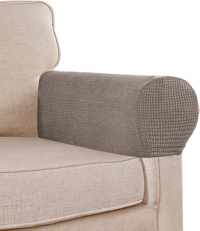 Stretch Sofa Arm Covers Spandex Jacquard Anti-Slip Couch Arm Covers with Sticker Furniture Armrest Protector for Sofa Couch Chair Recliner, Set of 2, Taupe