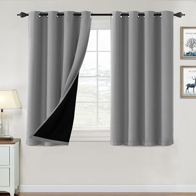 H.VERSAILTEX 100% Blackout Curtains for Bedroom Thermal Insulated Blackout Curtains 45 inch Length Full Light Blocking Window Drapes for Living Room with Black Liner 2 Panels, Dove Gray