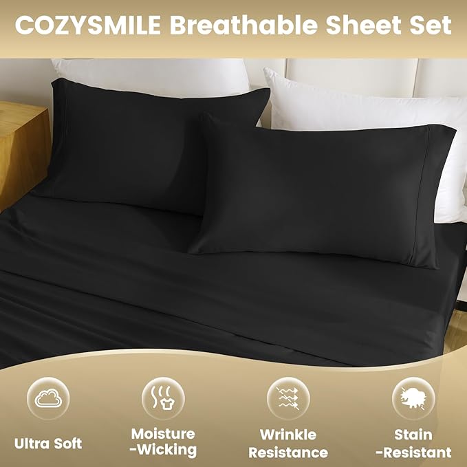 King Size Sheet Set - Luxury 4 Piece Silky Soft & Breathable Cooling Sheets for King Size Bed, 16" Deep Pocket Easy Care Bed Sheet Set Wrinkle Free Bedding Sheet and Pillowcase Set, Black