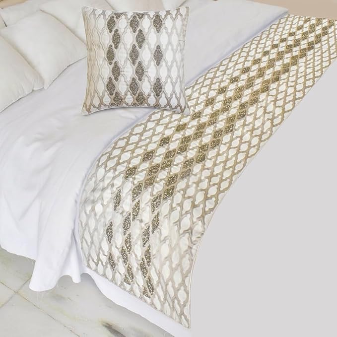 The HomeCentric King/Queen/Twin Ivory Decorative Twin 53"x18" Bed Runner Without Pillow Cover, Bead Hand Embroidery Bed Scarf on Jacquard Fabric - Priscilla Dazzle