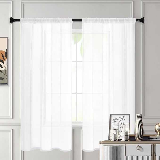 White Sheer Curtains 84 Inches Long 2 Panels, Rod Pocket Short Curtain for Kitchen, Bedroom, Cafe Window(White 38" W x 84" L)