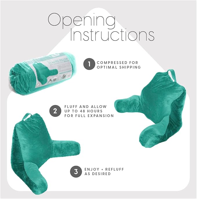 Milliard Reading Pillow with Arms, Teal, Shredded Memory Foam Back Pillow for Bed Sitting Up - Sit Up Backrest Support for Reading & Rest Bed - Washable Cover, Adjustable Comfort, CertiPUR Certified