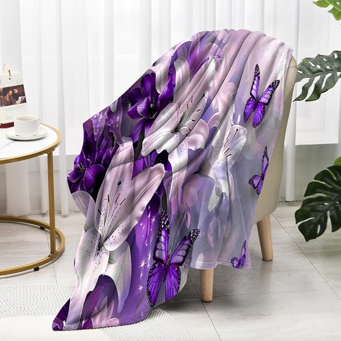 Purple Butterfly Flower Throw Blanekts Butterfly Blankets Soft Lightweight Cozy for Bed Couch Sofa Birthday Gifts Women Gifts for Her Anniversary Valentines Mothers Day Flower Gifts 50"x60"