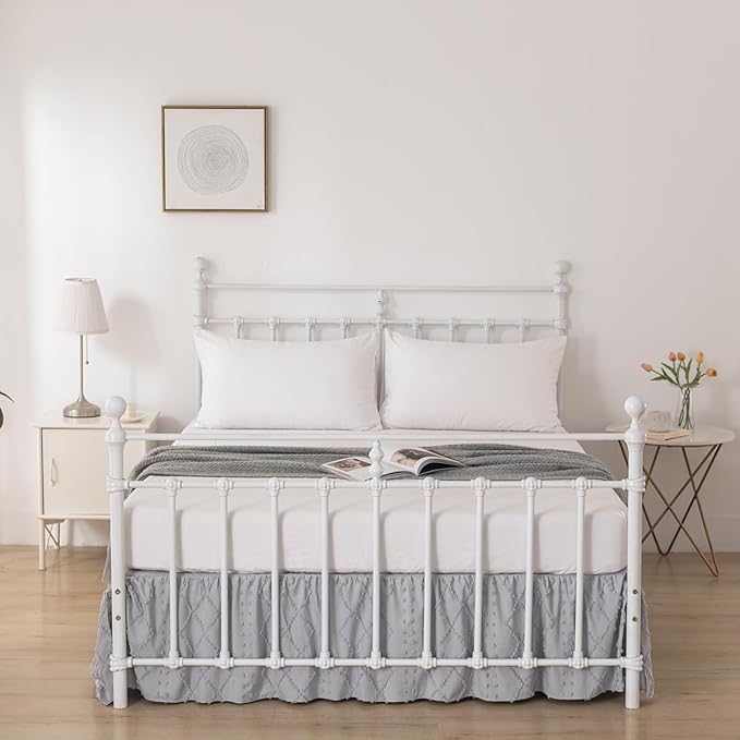 Bed Skirt Queen Size Ruffled Bed Skirt with Split Corners, 18 Inch Drop Dust Ruffle Bed Skirts with Platform, Boho Tufted Shabby Chic Full Size Bed Skirts, Light Grey