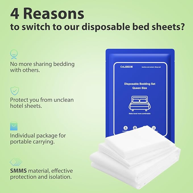 4 PCS Disposable Bed Sheet Queen Size, Disposable Sheet for Travel, Disposable Sheets with Quilt Cover and Pillowcase,Travel Sheet for Hotel Travel Essentials for Cruise,Camping,SPA