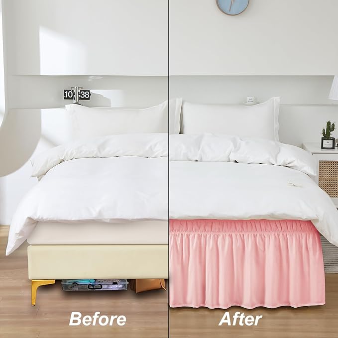 MEILA Wrap Around Bed Skirt Three Fabric Sides Elastic Dust Ruffled 24 Inch Tailored Drop,Easy to Install Fade Resistant-Pink, Queen/King
