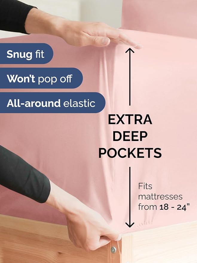 Extra Deep Full Fitted Sheet - Hotel Luxury Single Fitted Sheet Only - Easily Fits 18 inch to 24 inch Mattress - Ultra Soft, Wrinkle & Fade Free w/Extra Deep Pockets - Breathable & Comfy - Baby Pink