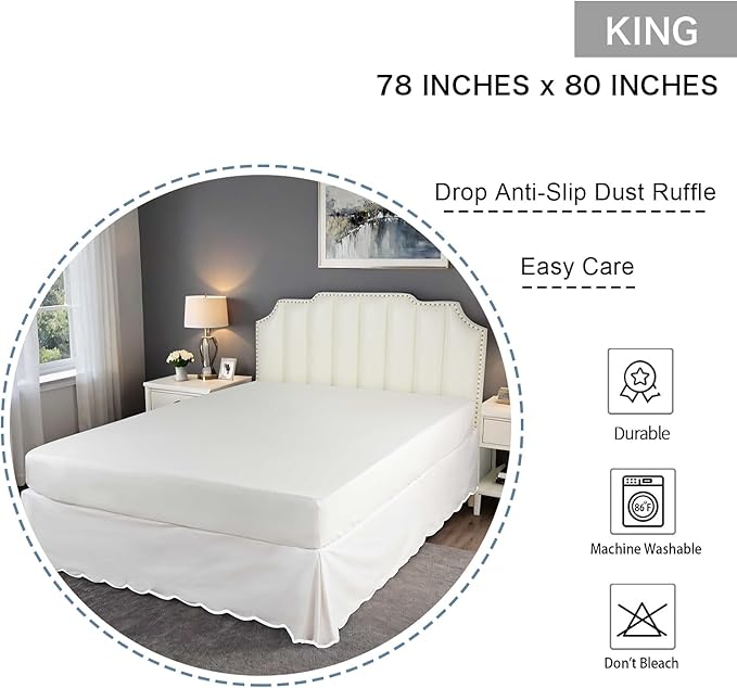 HIG Off-White Chic King Bed Skirt - Easy Fit Scallop Edge Pleated Bedskirts, 14 Inch Drop Anti-Slip Dust Ruffle, Thick Fabric for Enhanced Privacy, Pre-Washed for Long-Lasting Use(N60022)