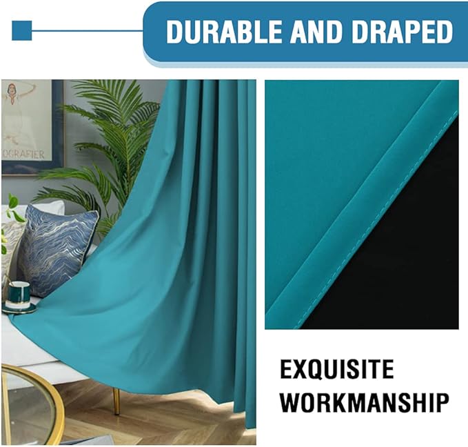 H.VERSAILTEX 100% Blackout Curtains for Bedroom Thermal Insulated Blackout Curtains 63 inch Length Heat and Full Light Blocking Curtains for Living Room with Black Liner 2 Panels, Turquoise Blue