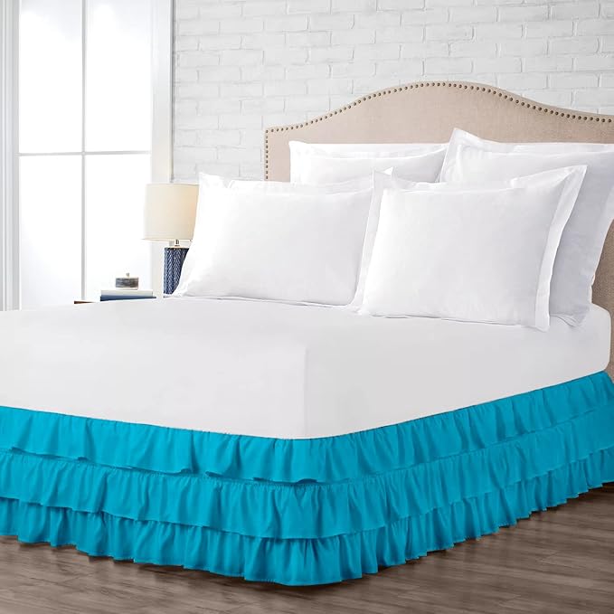 Multi-Ruffle Bed Skirt, Soft Multi Elastic Dust Ruffles with Wrap Around Bed Skirt Easy Fit with 18 Inch Drop 100% Cotton 800 Thread Count (RV Bunk 42X80, Turquoise Blue)