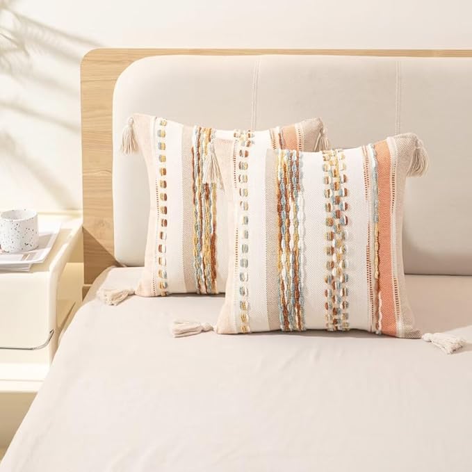 Boho Throw Pillow Covers 18x18 Set of 2 Woven Tufted Farmhouse Pillows Cover with Tassels Textured Striped Cushion Case Neutral Pillow Cases Decorative Pillowcase for Sofa Couch Bed,Orange