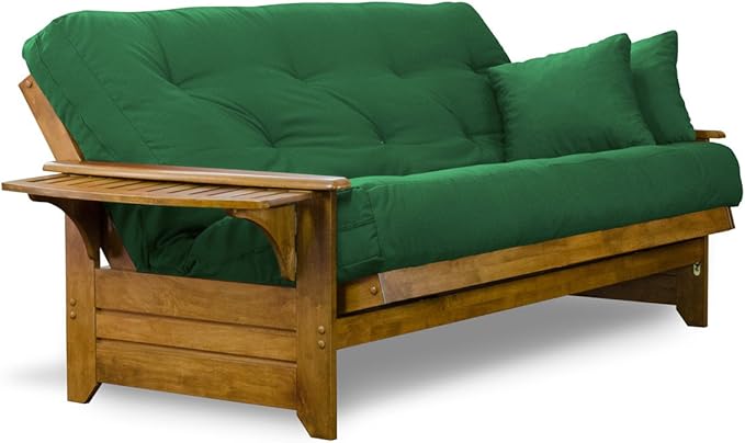 Nirvana Futons Brentwood Tray Arm Futon Sofabed Set - Full Frame, 8" Hunter Green Mattress, Rich Heritage Finish