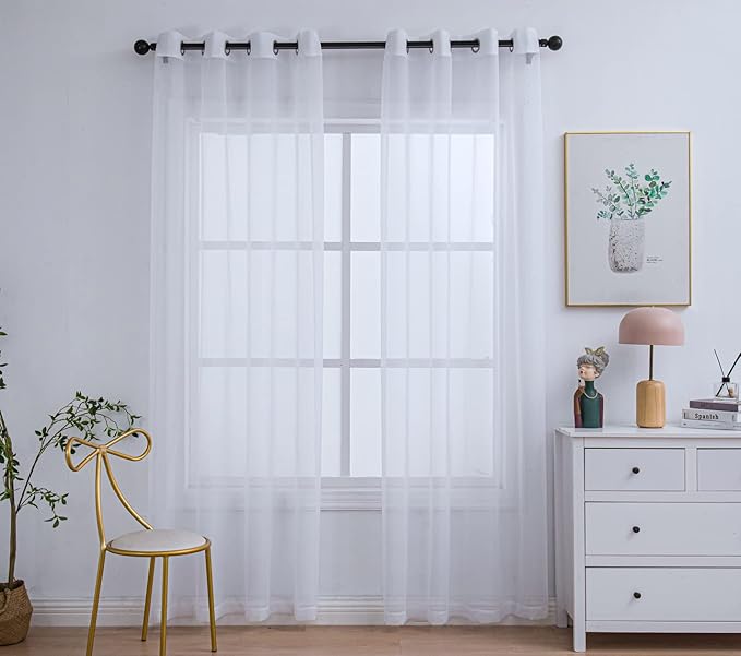 PI Sheer Window Curtains Home Decoration Solid Voile Panels with Ring Top for Bedroom 2 Panels (W52 X L90, Optical White)
