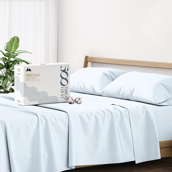 Mayfair Linen 100% Cotton Bed Sheets King Sheet Set - 500 Thread Count Sheets King Size 4 PC Set (Light Blue), Soft, Cooling, Hotel-Quality 16" Deep Pocket Sateen Cotton Bedsheet for Hot Sleepers