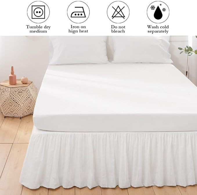 BISELINA French Linen Bed Skirt with Pleated Frills 14-Inch Tailored Drop Natural Flax Cotton Blend Dust Ruffle Soft Cozy Farmhouse Bedding (14" Queen, White)